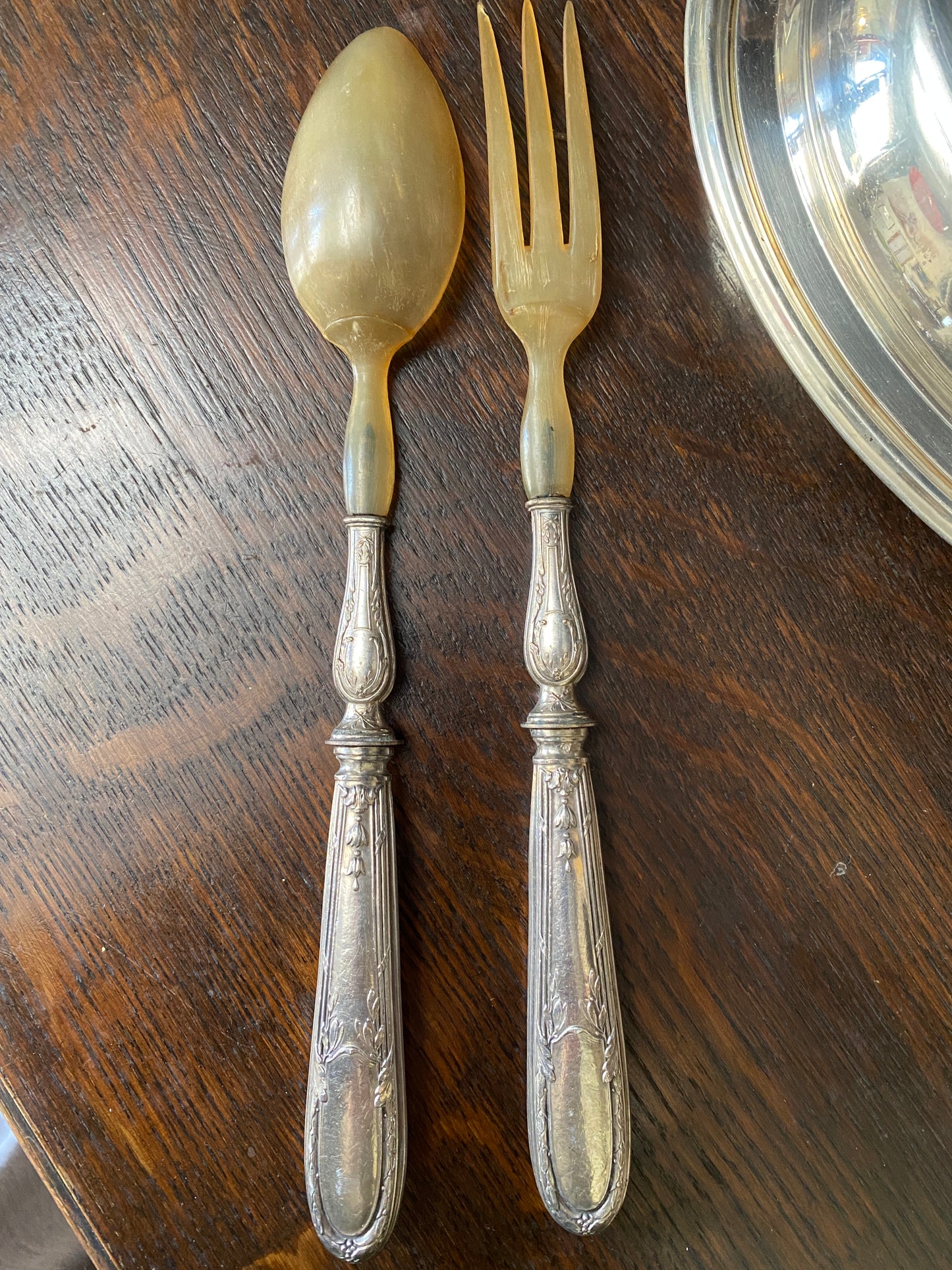 French Vintage Silver and Horn Salad Servers