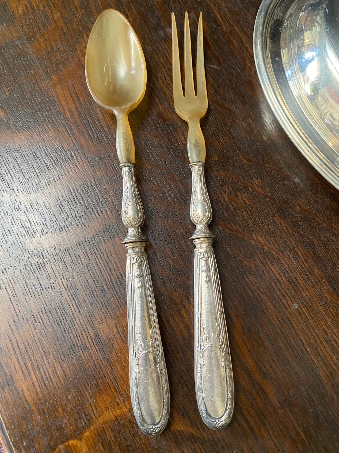 French Vintage Silver and Horn Salad Servers